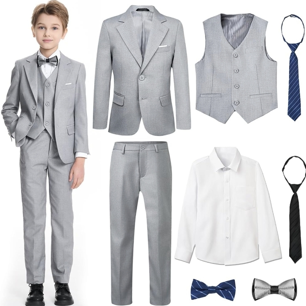 Boys' Light Gray Formal Blazer, Vest & Pants Set